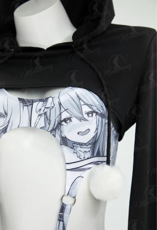 Sexy Lingerie Cutout Bodysuit Anime Printed Bodysuit with Black Short Hooded Top