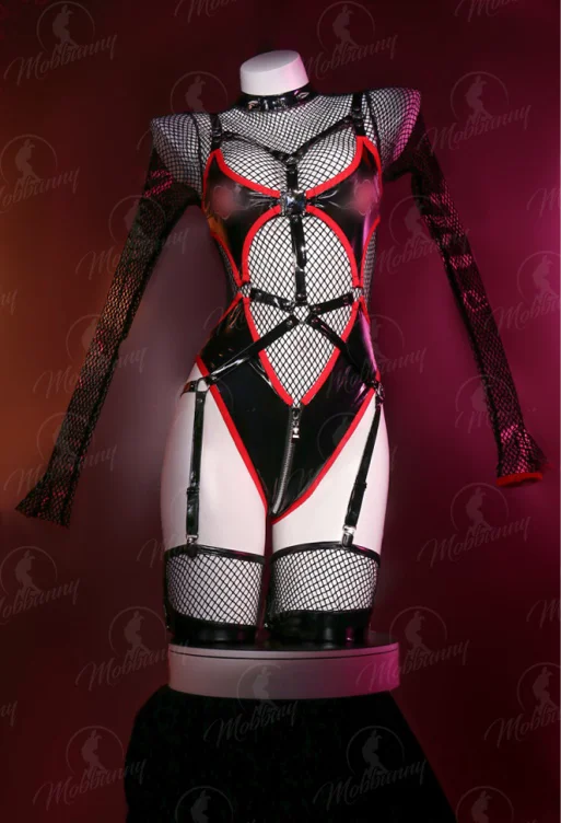 Ninja Sexy Lingerie Set Black Cutout Zipper Bodysuit with Long Sleeve Mesh Top and Stockings