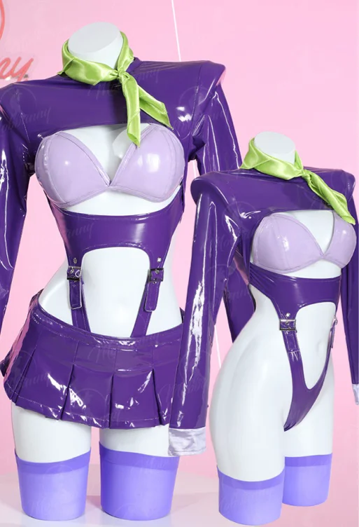 Daphne Derivative Sexy Lingerie Costume Outfit Purple Hollow Bodysuit and Long Sleeves Crop Top with Bra Skirt