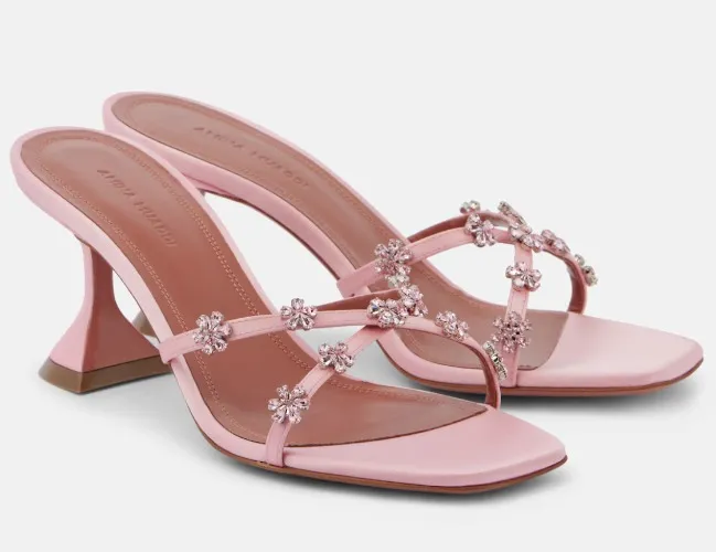 Embellished satin heels in pink - Amina Muaddi