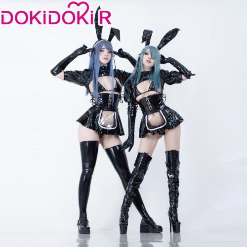 DokiDoki-R Anime Cosplay Sexy Bunny Girl Costume Cyber Black Suit Maid | L Costume+85cm Sock