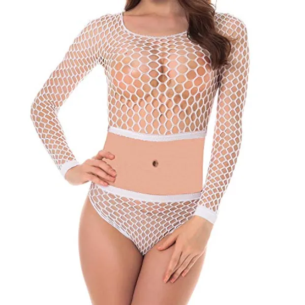 TEERFU Women's Sexy Fishnet Sleepwear Long Sleeve Cami Crop Top+Brief 2Pcs Lingerie Set Bodysuit