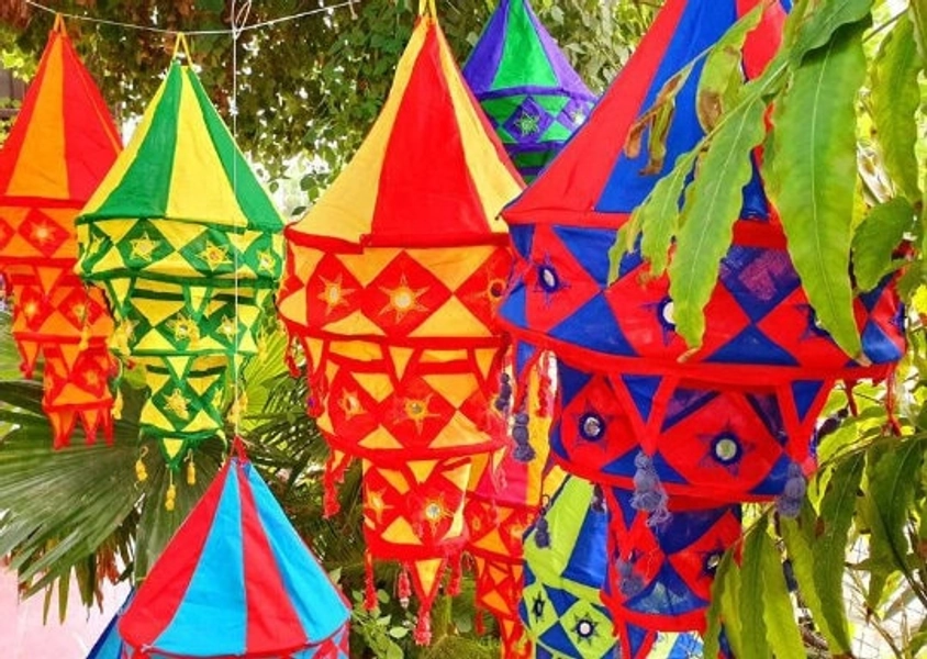 Vintage Design Wholesale Lot Indian Wedding Decor Lanterns Collapsible Lamps, Colorful Hangings Garden Chandeliers Handmade Fabric Lamp