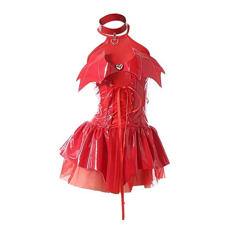 Halloween Diablotin Robe Courte en Cuir Cosplay Vêtements Cosplay Japonais Costume Secondaire COSPLAY Sexy Jupe Courte Uniforme pour Femmes Étudiants de Jeux de rôle et Costumes Cosplay (Rouge/M) - Rouge/L