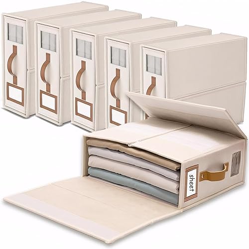 SwartLife linge rangement drap de lit - 6 organisateur drap pliable, respirantes avec fenêtre transparente & étiquette pour draps, couvertures & serviettes -couleur lin - Couleur Lin