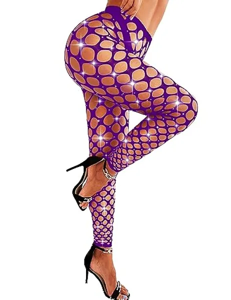 RSLOVE Women Sexy High Waist Tights Rhinestone Sparkle Fishnet Stockings Pantyhose Leggings Lingerie Pants