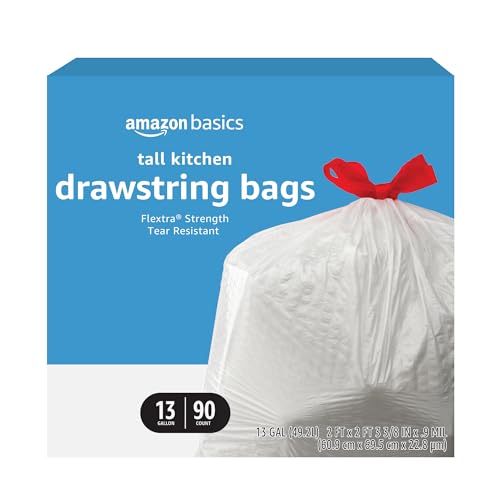 Amazon Basics Flextra Tall Kitchen Drawstring Trash Bags, Unscented, 13 Gallon, 90 Count, Pack of 1 - 1 Count (Pack of 90)