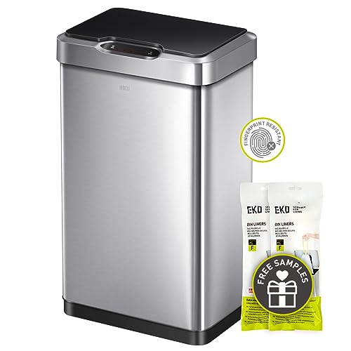EKO Mirage-T 50 Liter / 13.2 Gallon Touchless Rectangular Motion Sensor Trash Can, Brushed Stainless Steel Finish - 50 Liter