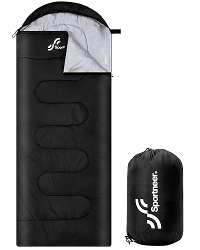 Sportneer Sleeping Bags for Adults, Warm & Cold Weather Sleeping Bag for Adults Kids Boys Girls - Lightweight Compact Camping Gear Equipment, Traveling, Backpacking, Hiking - Black - 87"x33.5"