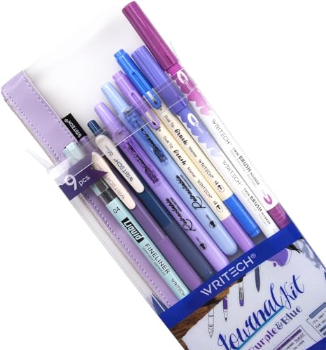 WRITECH Journaling Kit, Gel Ink Pens/Retractable Highlighters/Dual Tip Brush Pens/Fineliner Pens, Smooth Writing Assorted Colors Journaling Supplies, 9 Count with Pen Bag (Haze blue & purple) - Blue & Purple
