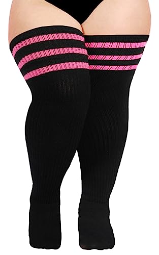 Moon Wood Plus Size Thigh High Socks for Thick Thighs- Womens Knit Cotton Extra Long Over the Knee High Socks Leg Warmer - One Size Plus - Black & Pink