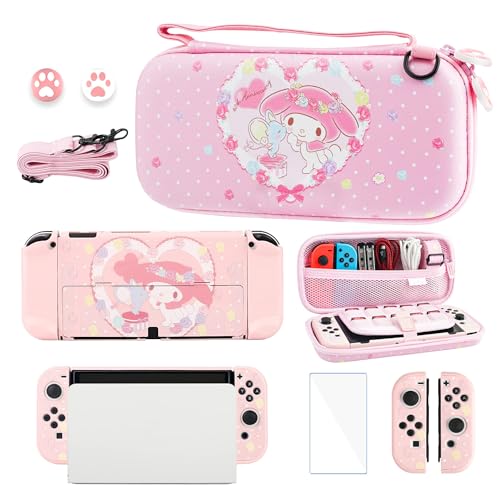 GLDRAM Bunny Anime Carrying Case Compatible with Nintendo Switch OLED, Accessories Kit for Girls with Cute Travel Case, Pink Switch OLED Skin Cover, Screen Protector, Thumb Caps & Shoulder Strap