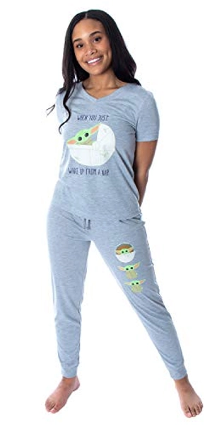 Star Wars Women's The Mandalorian Baby Yoda Wake Up Face Shirt and Jogger Pants 2 Piece Loungewear Pajama Set