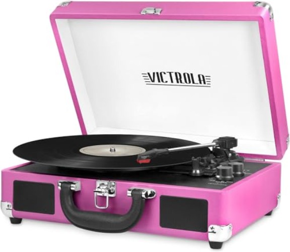 Victrola Vintage 3-Speed Bluetooth Portable Suitcase Record Player with Built-in Speakers Upgraded Turntable Audio Sound Pink, 1SFA (VSC-550BT-PNK)