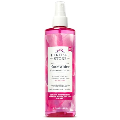 HERITAGE STORE Rosewater - Refreshing Facial Mist for Glowing Skin with Damask Rose, All Skin Types - Rose Water Spray for Face, Made Without Dyes or Alcohol, Hypoallergenic, Vegan, Cruelty Free, 12oz - 12 Fl Oz (Pack of 1)