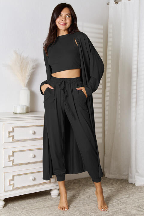 Tank, Pants, and Cardigan Set with Pockets - Black / S