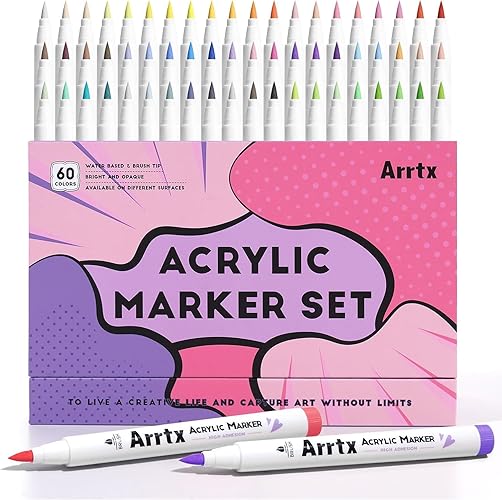 Arrtx Marqueurs acryliques 60, pointe pinceau, pour peinture sur roche, verre, pierre, bois, céramique - 60B-Couleurs de l'anime