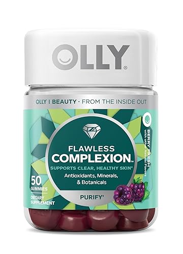 OLLY Flawless Complexion Gummy, Clear and Healthy Skin Support, Vitamins E, A, Zinc, Chewable Supplement, Berry - 50 Count (Pack of 1) - Gummy