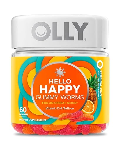 OLLY Hello Happy Gummy Worms, Mood Balance Support, Vitamin D, Saffron, Adult Chewable Supplement, Tropical Zing - 60 Count - 1 Count (Pack of 60)