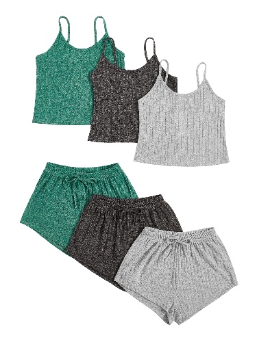 SheIn Women's 3 Sets Rib Knit Lounge Set Crop Cami Top and Tie Front Shorts Sleepwear Pajama Set
