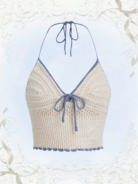 Kawaii Contrast Binding Tie Front Halter Knit Top