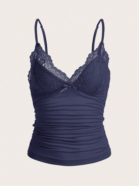 SHEIN ICON Women's Lace Patchwork Pleated Cami Tank Top