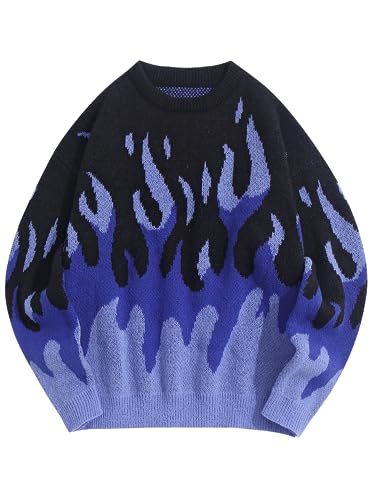 ZAFUL Men's Oversized Sweater Y2K Aesthetic Flame Graphic Crewneck Knit Pullover Unisex Casual Sweaters - X-Large - 0-blue