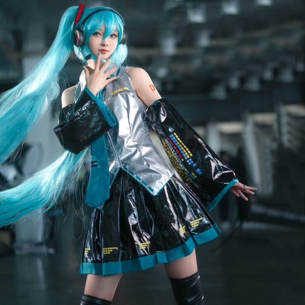 Hatsune Miku Full Set Cosplay Costume including Wig, Shoes, Headphones, and Headpiece