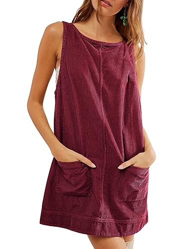 Hooever Women's Corduroy Overall Dress Round Neck A Line Skirtall Jumper Mini Dress Pinafore with Pockets - Winered - Medium
