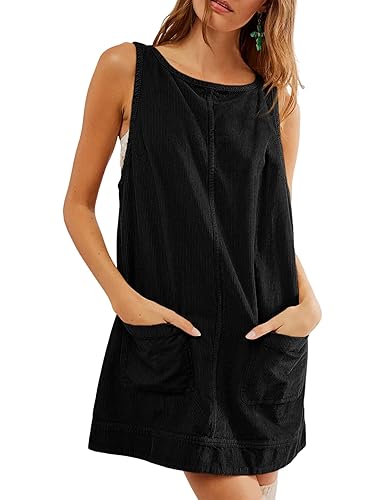 Hooever Women's Corduroy Overall Dress Round Neck A Line Skirtall Jumper Mini Dress Pinafore with Pockets - Black - Medium