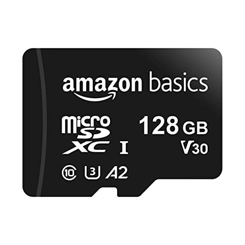 Amazon Basics Micro SDXC Memory Card with Full Size Adapter, A2, U3, Read Speed up to 100 MB/s, 128GB, Black - 128GB