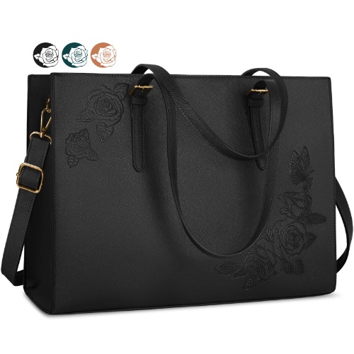 Laptop Bag for Women 15.6 Inch Laptop Tote Bag Leather Waterproof Work Bags Professional Business Office Computer Briefcase Large Capacity Shoulder Bag Black - Black