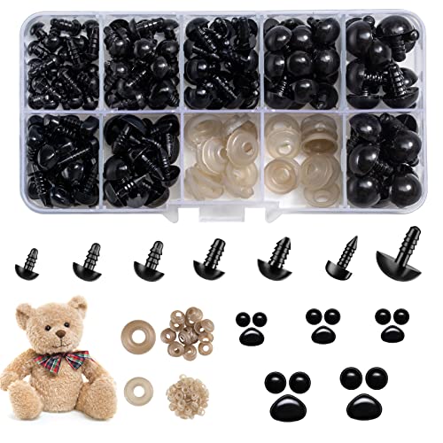 270PCS Safety Eyes and Noses, Black Plastic Eyes and Teddy Bear Nose with Washers for Doll Making for Crafts - Black