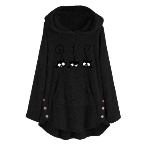 Fleece Hoodies for Women Plus Size Cute Cat Winter Warm Sweatershirt Hooded Pullover Asymmetrical Blouse - Black 5X-Large