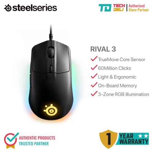SteelSeries Rival 3 Gaming Mouse | 8500 CPI TrueMove Core Optical Sensor | 6 Programmable Buttons | RGB Lightning