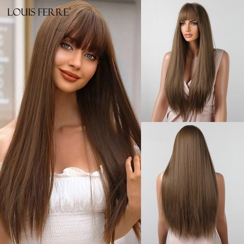 LOUIS FERRE-pelucas sintéticas rectas para mujer, Pelo Largo con flequillo, color marrón, aspecto Natural, fibra resistente al calor, Cosplay diario - AliExpress 