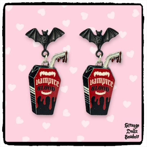 Vampire Blood earrings, Bat earrings, gothic jewellery, Halloween, Strange Dollz Boudoir
