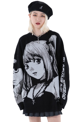 FELLVISHK Anime Girl Figure Sweater Graphic Long Sleeve Oversize Knitwear Sweatshirt Unisex 3D - X-Large Black