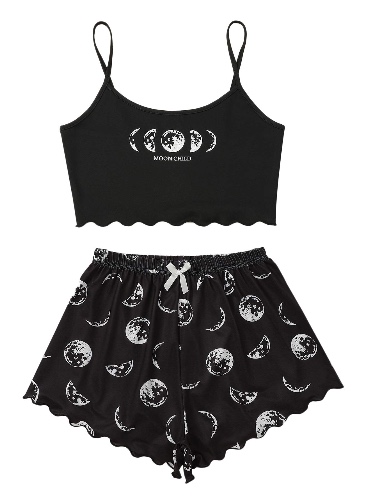 SweatyRocks Women's Summer Strawberry Print Cami Top and Shorts Sleepwear Pajamas Set - Medium Moon Black