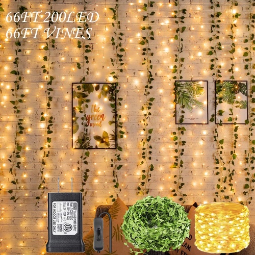 Fulen Fairy Twinkle Lights with Vines for Bedroom Decor, 66ft Soft Vines with 66ft 200LED String Lights Plug in,Decoration for Valentine's Day