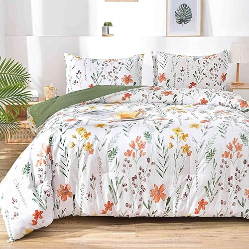 Queen Size Comforter Set, White Yellow Floral, Green Leaf Pattern Print Reversible Down Alternative Bed Sets - 90 x 90 3PC Soft Microfiber Flower Duvet Vintage Farmhouse Bedding in a Bag for Women Men - Queen - White Yellow Floral Comforter Set