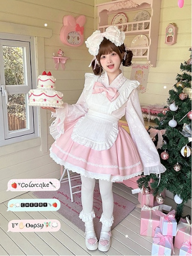 [$22.29]Pink & White Sakura Jirai Kei Full Set-Bell Sleeves Top+Puff Skirt+Apron Cherry Blossom Festival Wa Style Outfit