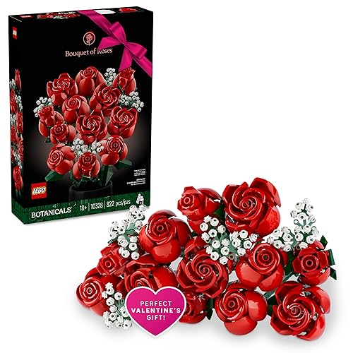 LEGO Botanicals Bouquet of Roses Artificial Flowers - Fake Red Roses Building Sets for Adults, Ages 18+ - Gift for Valentines Day for Her and Him - DIY Kits for Home Decorations - 10328 - Multicolor