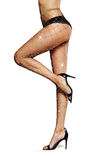 LUCKELF Sexy High Waist Tights Sparkle Rhinestone Fishnets Party Rhinestone Mesh Stockings - One Size - Y-large Grid-nude