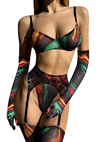 Bra and Panty Set 5Pcs - Medium - Brown Tie Dye