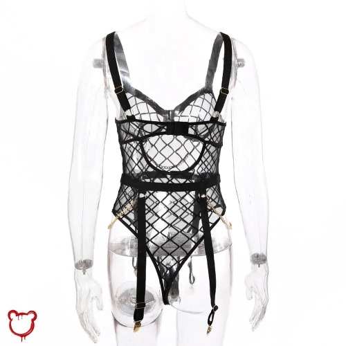 Black Plaid Mesh Bodysuit - Black / L