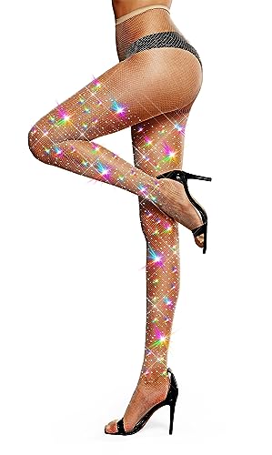 LUCKELF Sexy High Waist Tights Sparkle Rhinestone Fishnets Party Rhinestone Mesh Stockings - One Size - Nude-ultra Sparkly Rhinestone
