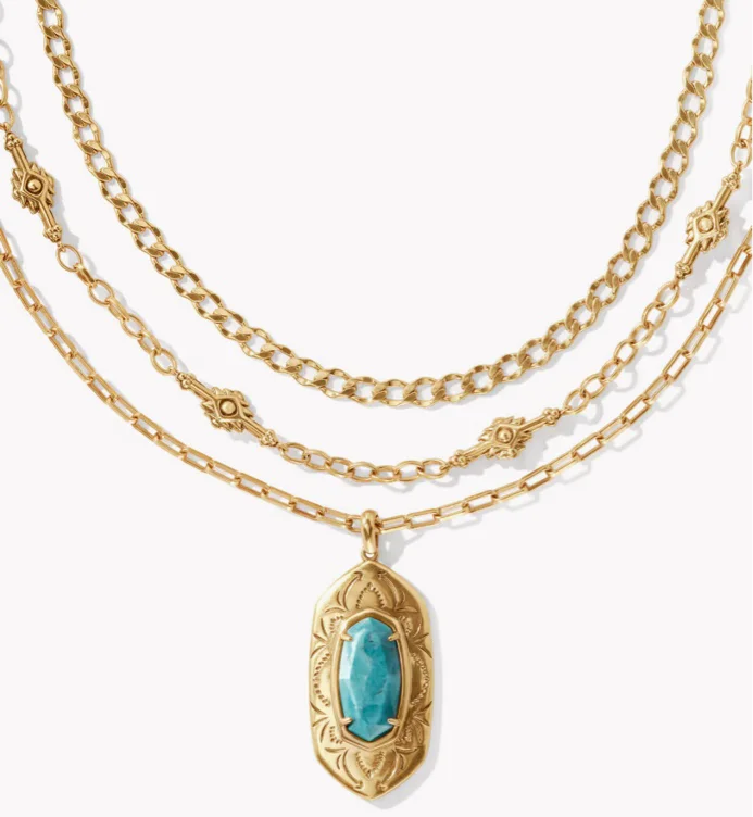 Keziah Vintage Gold Multi Strand Necklace in Variegated Dark Teal Magnesite