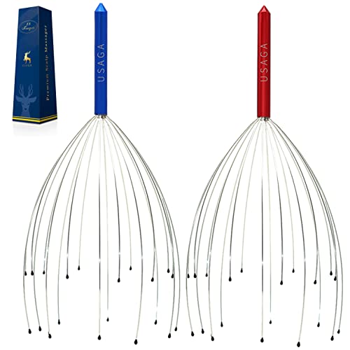 USAGA Head Scratcher, 20 Fingers Scalp Massager, Head Whisk Massager for Head Body Stress Relax [2-Pack] Updated Version (Red & Blue) - Red & Blue