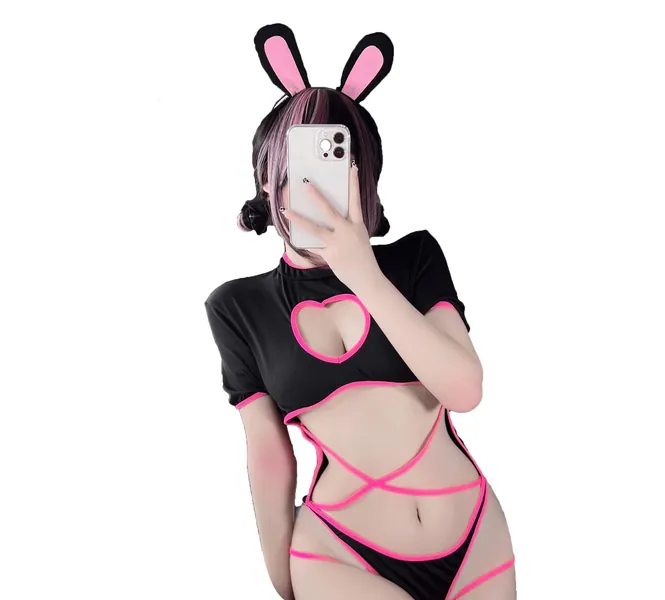 Sexy Bunny Lingerie Naughty Cat Costume Kawaii Anime Bikini Maid Roleplay Outfit Heart Hollow One Piece Strappy Bodysuit - 